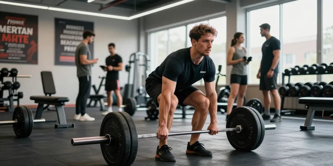 Man lifting weights in a gym showcasing Prime Pharma Steroiden products for peak performance.