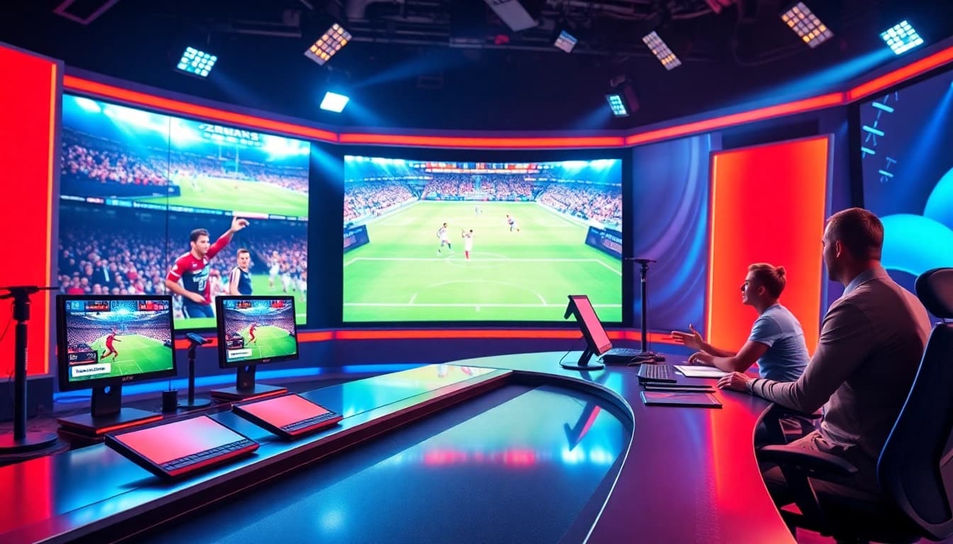 Engaging scene of Sports Broadcasting in a vibrant studio with enthusiastic hosts and modern equipment.