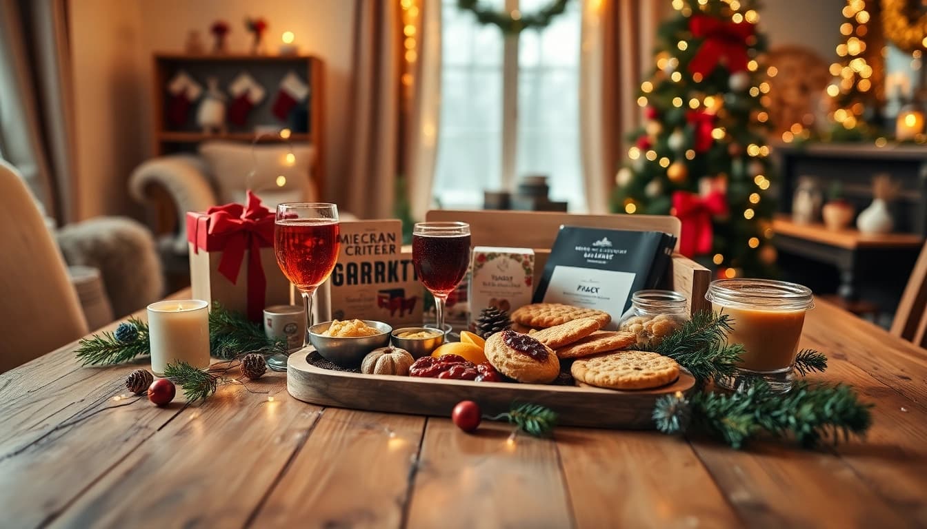 Prachtig Kerstpakket gevuld met gastronomische snacks en feestelijke decoraties.