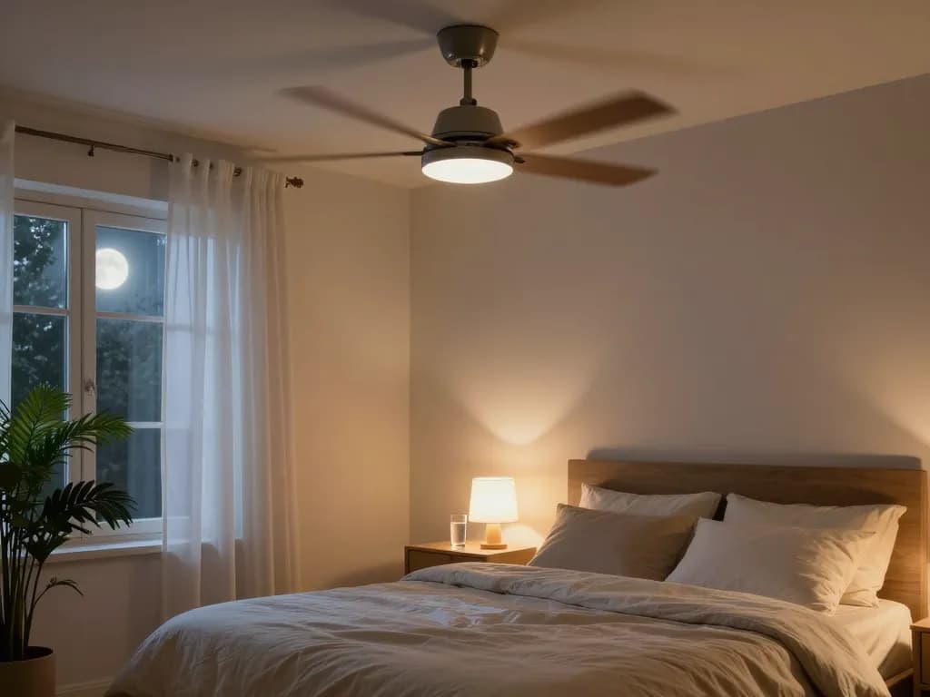 Een goede ventilator slaapkamer verhoogt het comfort met een gezellige slaapkameromgeving met een stijlvolle plafondventilator, zachte beddengoed en rustgevend maanlicht.