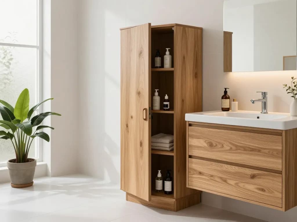 Ontdek een stijlvolle van heck badkamers kast in een moderne badkamer, prachtig georganiseerd met elegante accessoires.