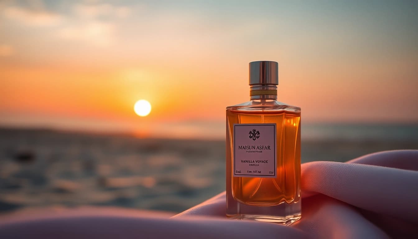 Admire the Vanilla Voyage by Maison Asrar fragrance bottle elegantly displayed against a serene sunset beach backdrop.