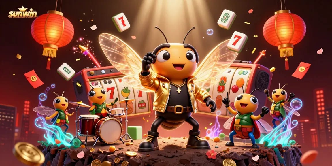 sunwin presents a vibrant 3D casino scene with a cicada rock star, beetle drummer, and slot reels.