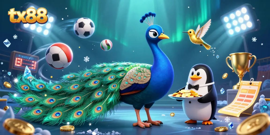Experience exciting gameplay at tx88 with a dynamic casino scene featuring a peacock, penguin, and hummingbird.