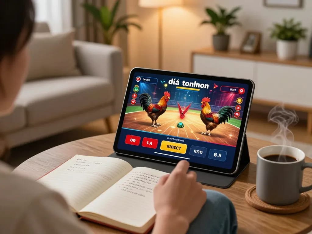 Engaging with video đá gà tonhon on a tablet in a cozy living room, showcasing online gambling.