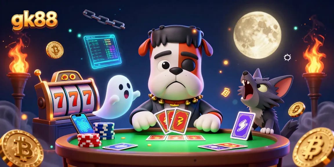 Join the excitement at gk88 with a festive casino scene featuring vibrant characters and crypto elements.