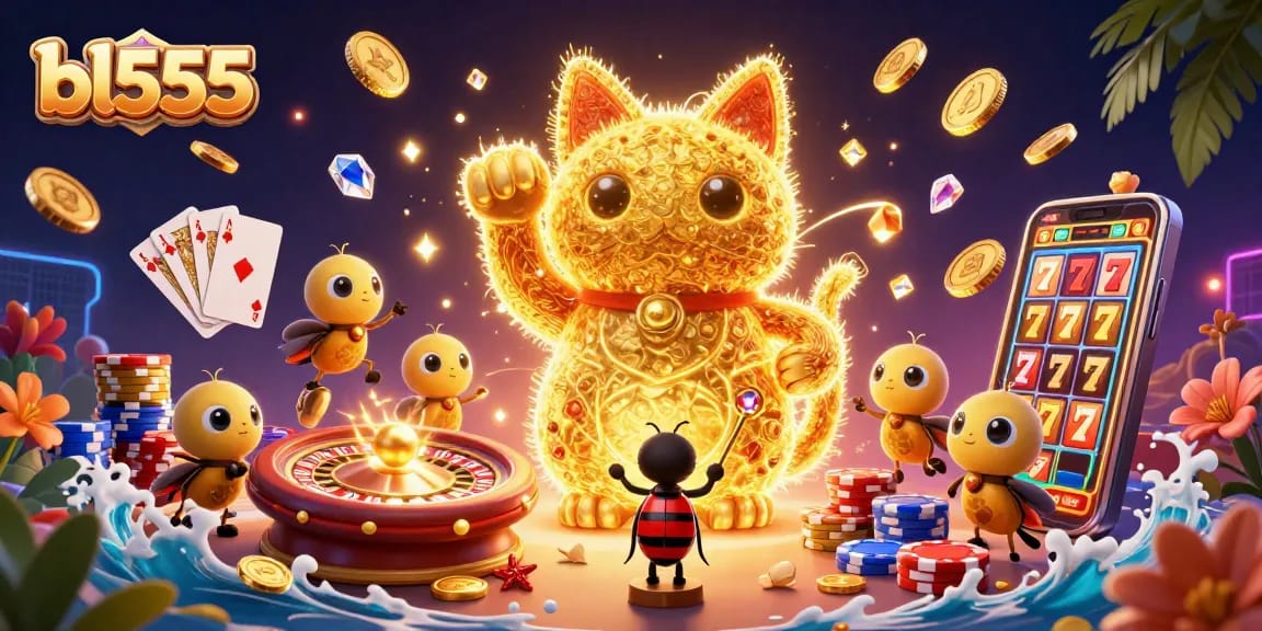 Experience thrilling gameplay at bl555 with a charming lucky cat made of golden fireflies amidst bursting casino symbols.