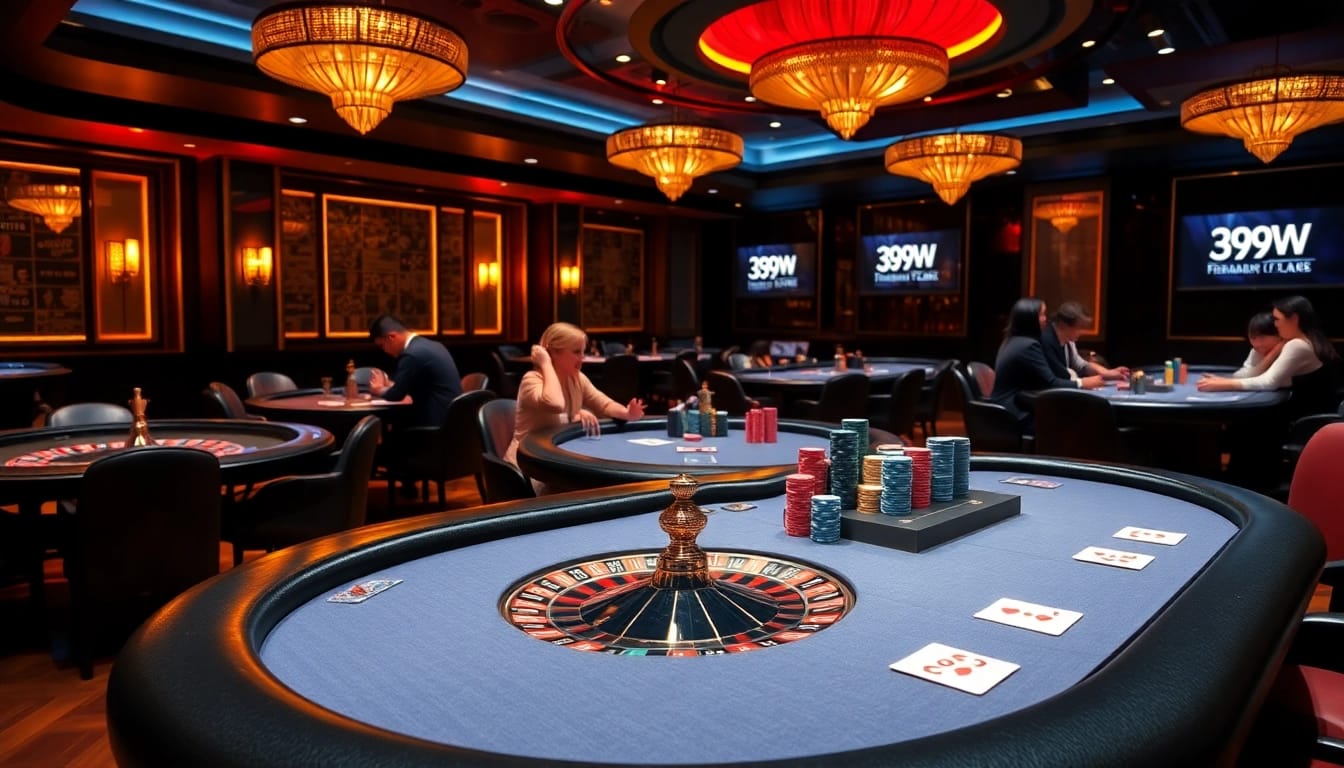 Experience thrilling gameplay at 399W with vibrant casino elements like poker tables and roulette wheels.