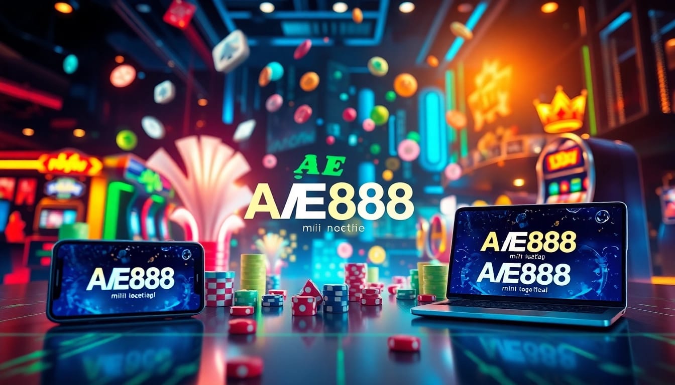 Link AE888 mới nhất showcased in a vibrant online gaming platform with sleek mobile and desktop interfaces.