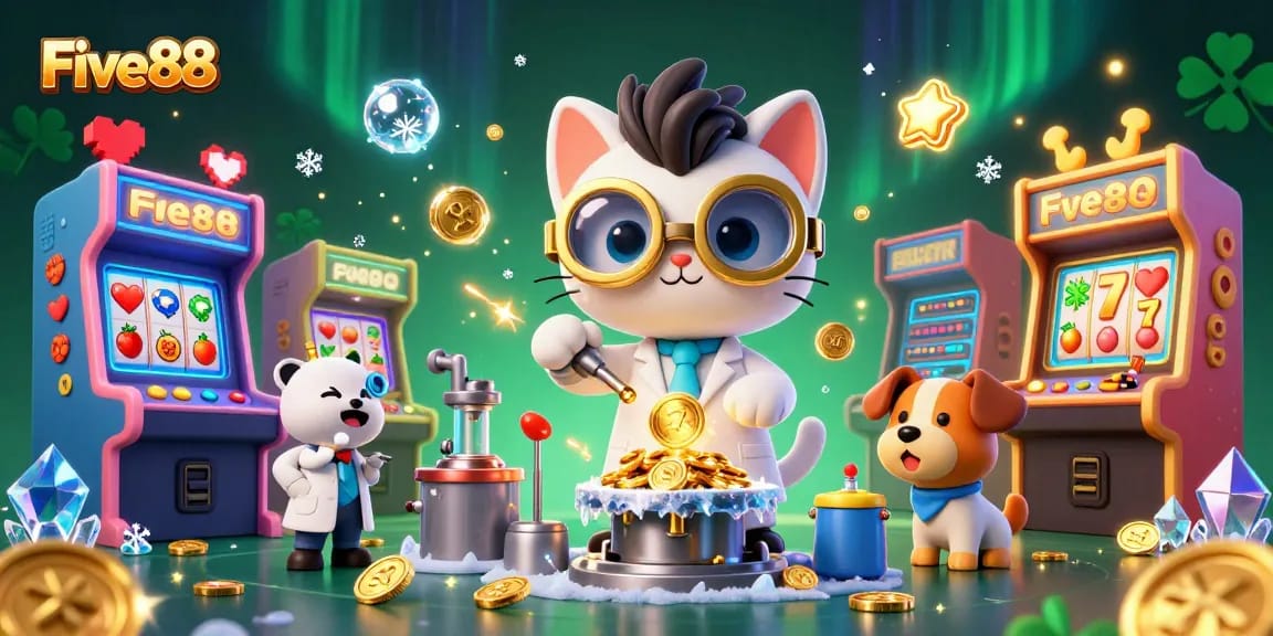 Five88 showcases a vibrant casino scene with a playful mad scientist cat and dog creating gold coins.