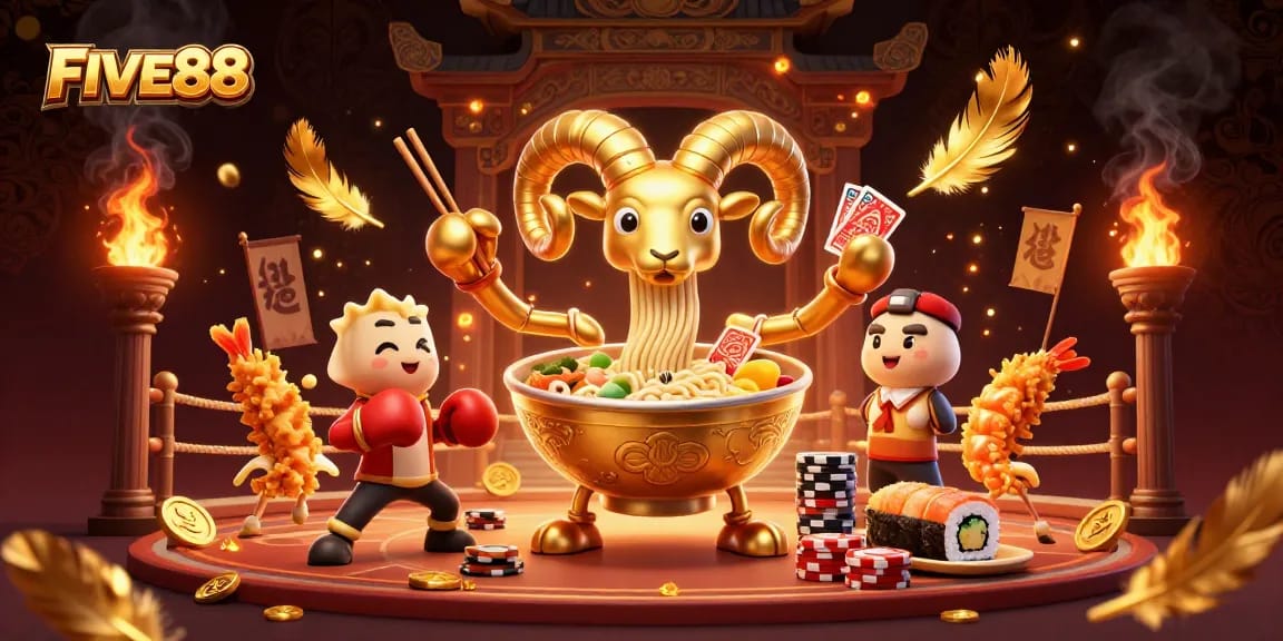Engage with the dynamic FIVE88 casino scene featuring vibrant characters like a ramen bowl dealer and enticing game elements.