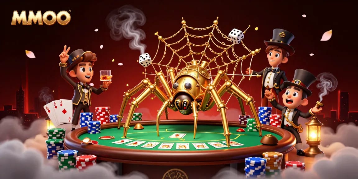 Experience the thrill of MMOO with a steampunk spider and poker elements in a lavish casino scene.