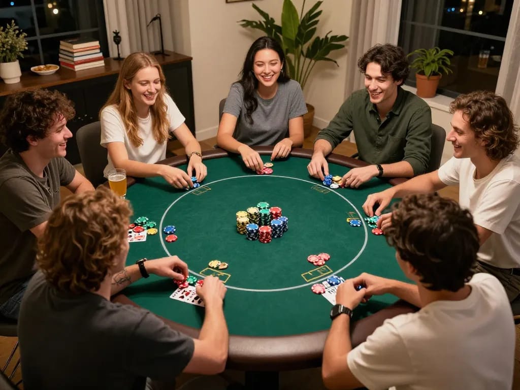 Friends enjoying a poker night at home, showcasing the w 88 gaming experience with lively interactions and strategic gameplay.