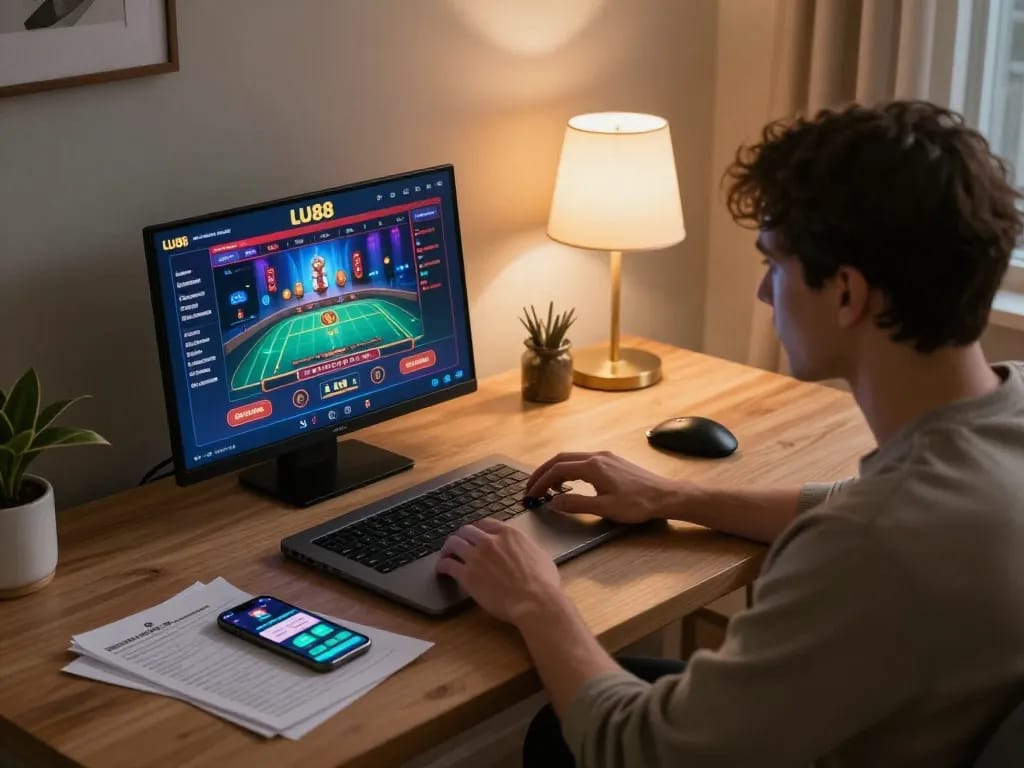 Engaging in live dealer game on LU88 at a cozy home setup with laptop and smartphone.