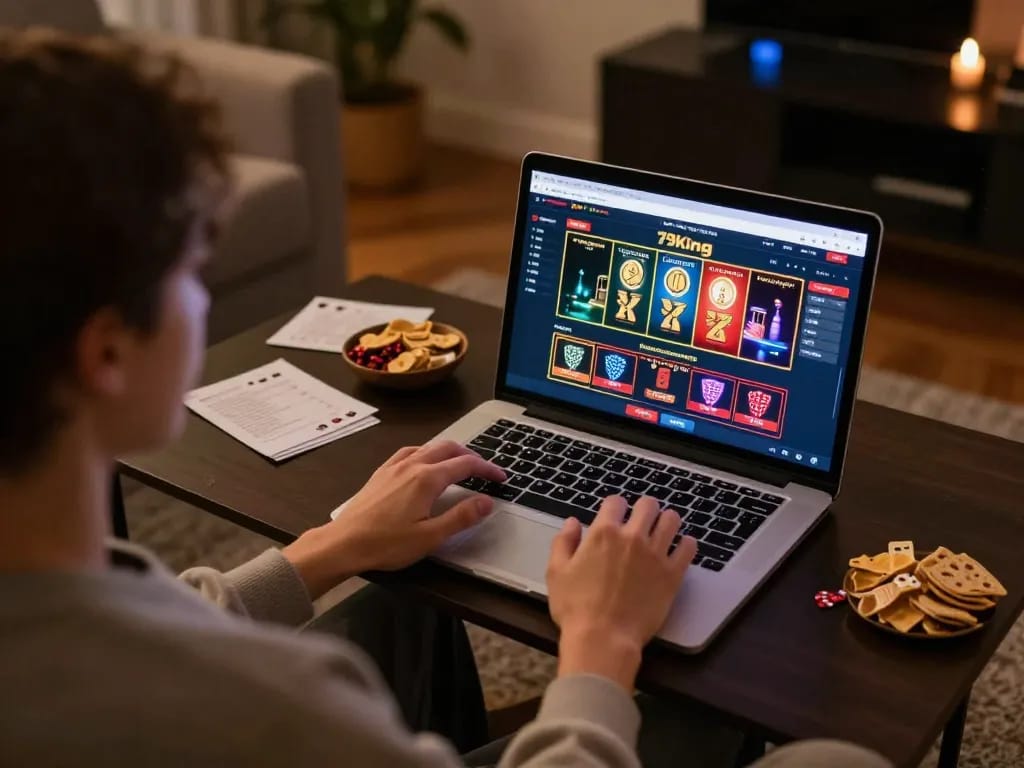 Playing poker online at 79king with an engaging user interface in a cozy home setup.