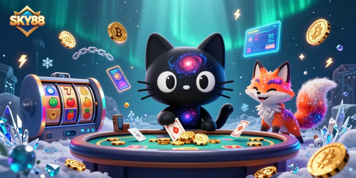 Betting in the cosmic casino with SKY88, as a black hole cat pulls in chips and cards.