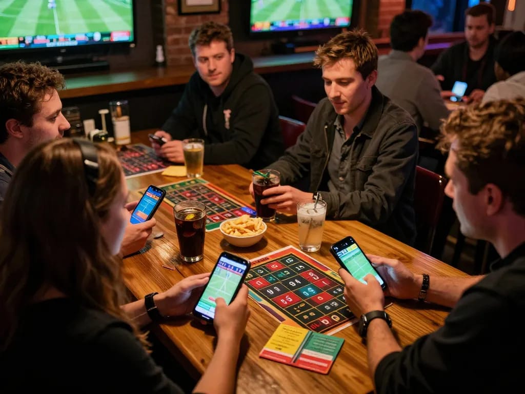 TIP88 patrons actively placing bets on their mobile devices while watching live sports at a vibrant pub.