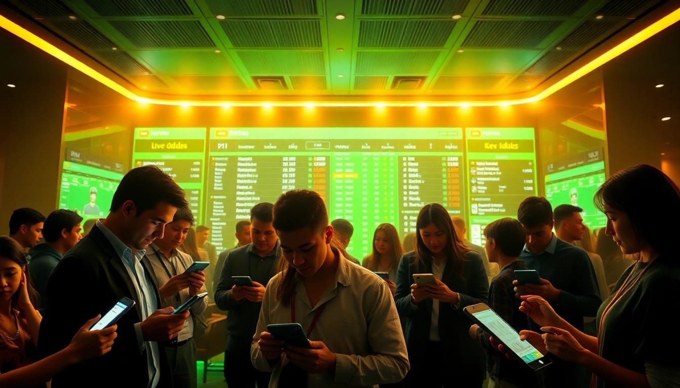 Engaging scene depicting online betting for trang cá cược bóng đá with diverse users placing bets and dynamic odds displayed.