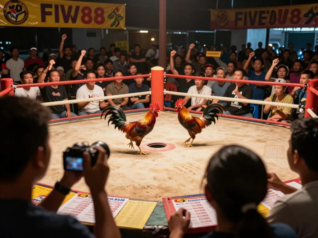 Intense đá gà match at FIVE88 with spectators engaged and excitement in the air