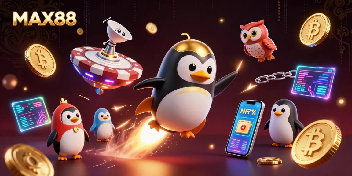 Experience thrilling gameplay with MAX88 at a vibrant casino scene filled with crypto elements.