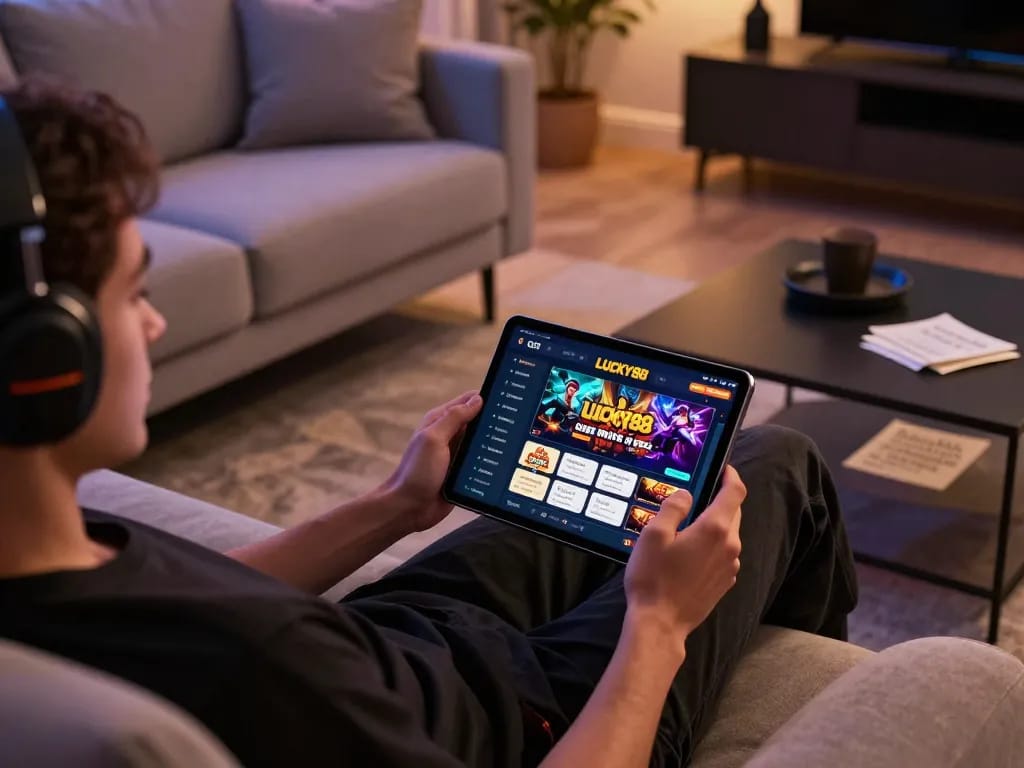 Player enjoying the LUCKY88 app on tablet in a cozy home setting while tracking betting strategies.