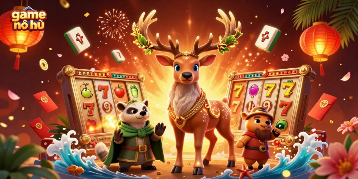 Engaging 3D scene showcasing game nổ hũ with characters and dynamic casino elements.