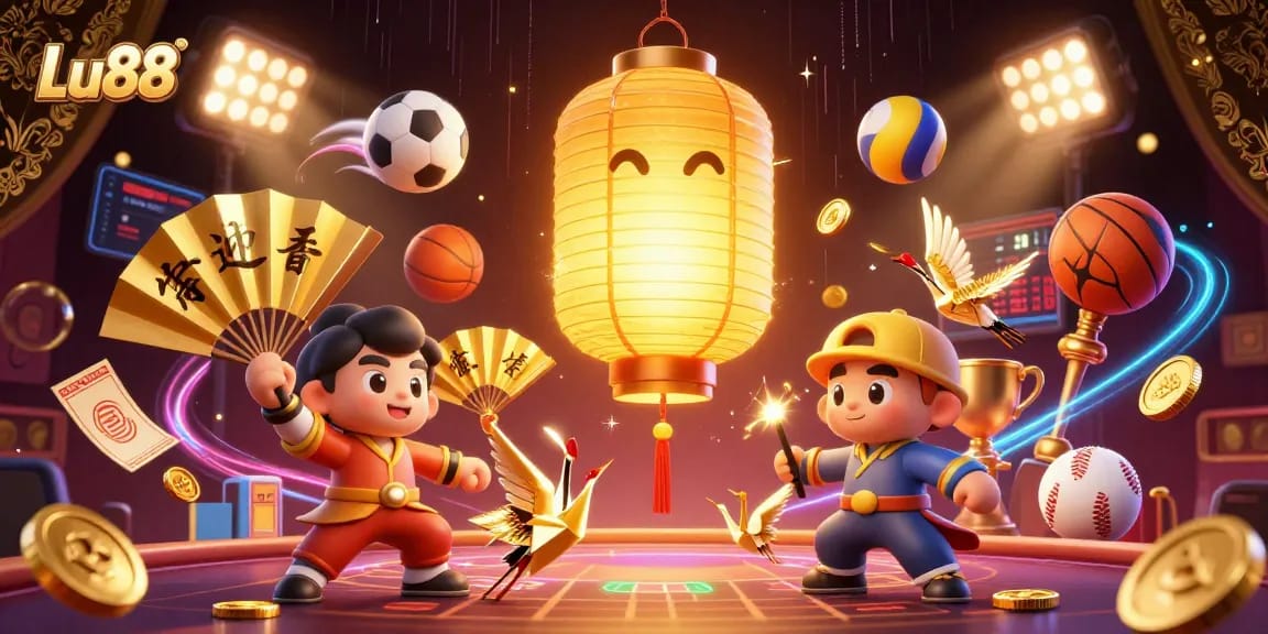 Experience Lu88's vibrant casino scene with golden lantern spirits and dynamic sports elements.