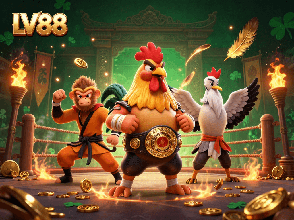 Engage in games at LV88 casino with a dynamic 3D scene showcasing mythical fighters and golden rewards.