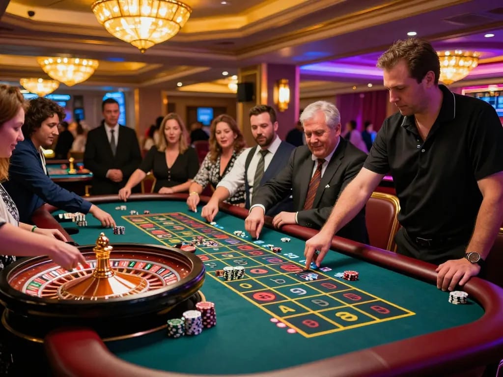 Players placing bets at an LC88 roulette table while enjoying the vibrant casino atmosphere.