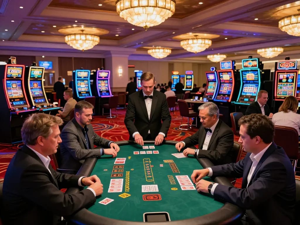 Players engaging in strategic blackjack gameplay at GA88 casino, vibrant atmosphere and well-lit tables.