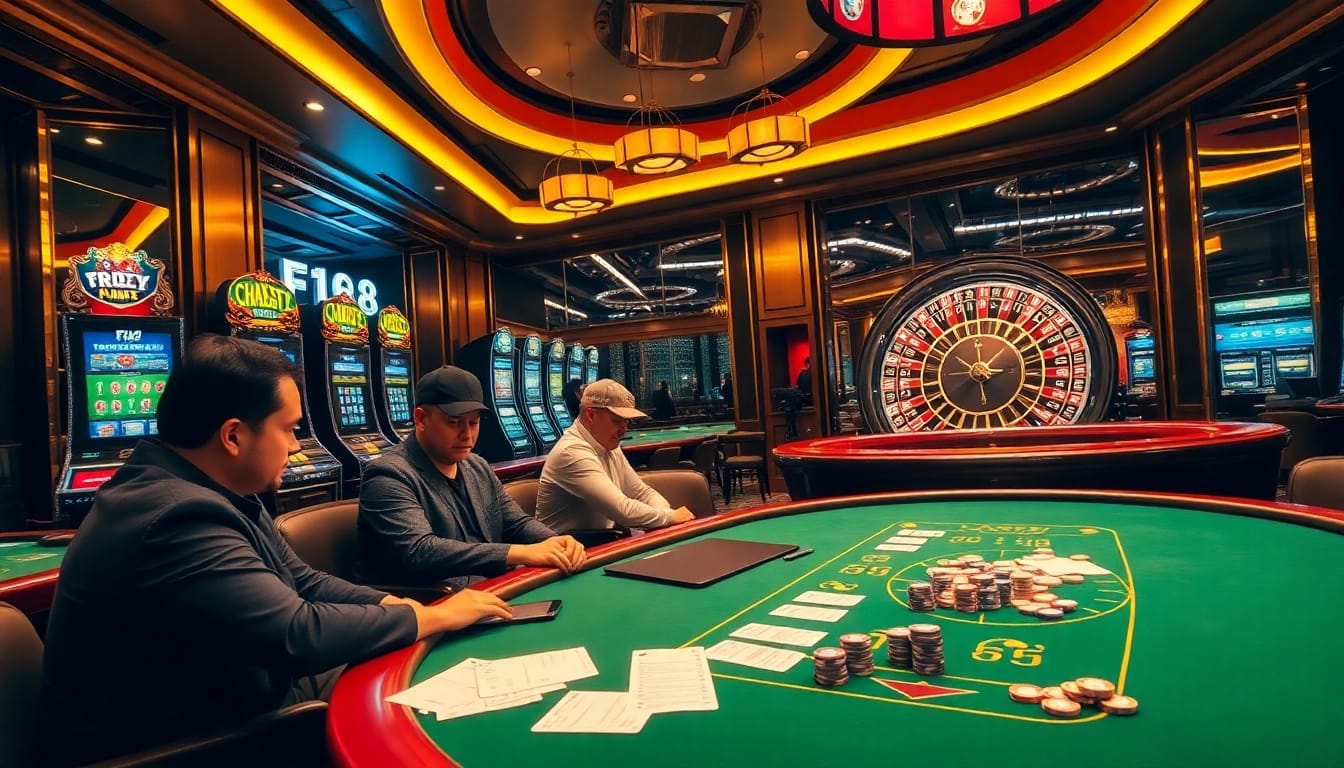Experience the thrill of F168 with exciting poker and roulette action in a luxurious casino setting.