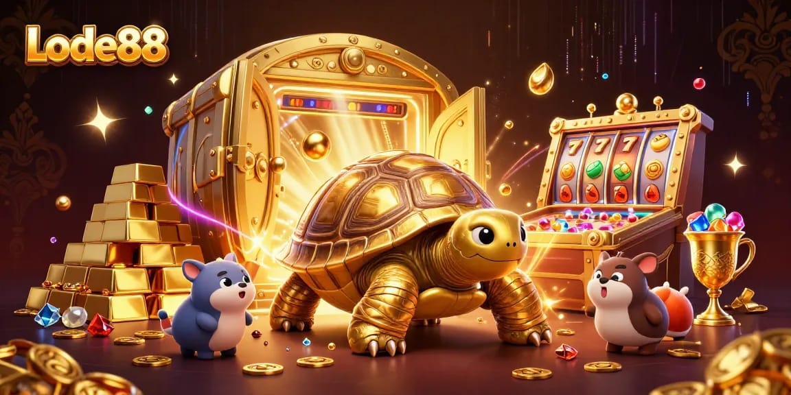 Lode88 showcases a vibrant 3D casino scene with a golden tortoise and diverse slot elements.
