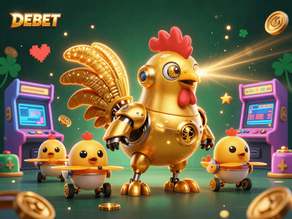 Engage with DEBET's thrilling casino experience featuring a golden rooster robot amidst vibrant game elements.