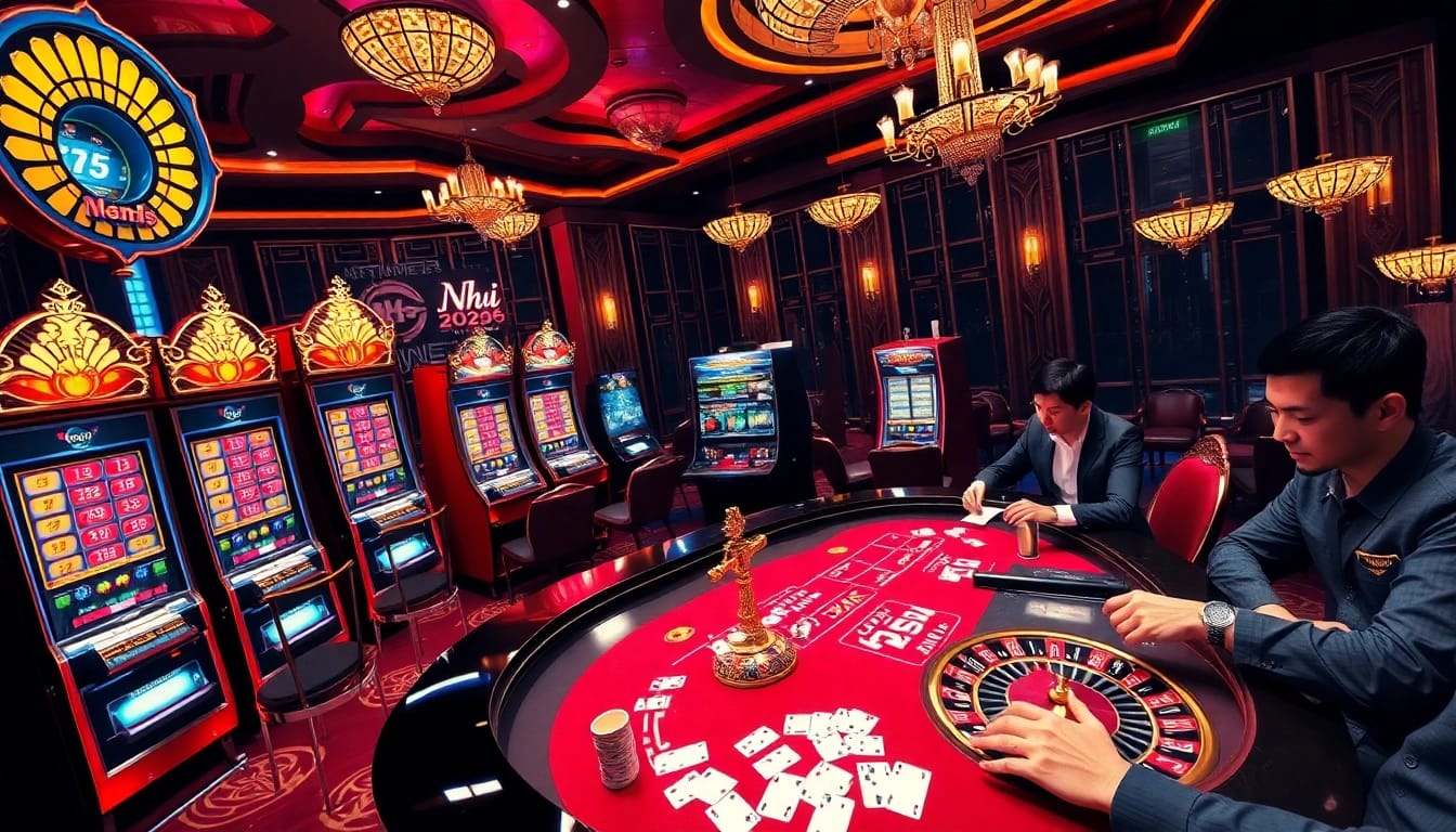 Nổ Hũ 2026 showcases dynamic players betting on vibrant slot machines in a luxurious casino.