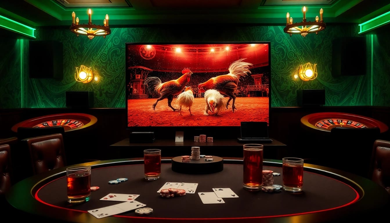 Live cockfighting match on display, showcasing đá gà trực tiếp in a vibrant gambling atmosphere.