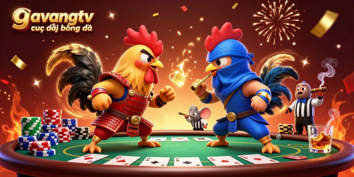 Bet on gavangtv trực tiếp bóng đá with roosters facing off amidst colorful casino elements.
