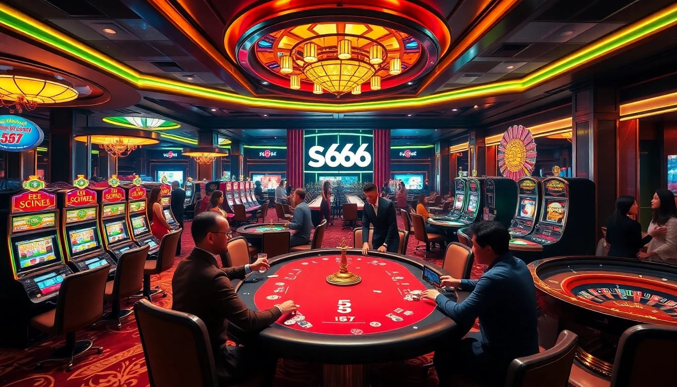 Players enjoying poker and slots at s666 casino, showcasing excitement and luxury.