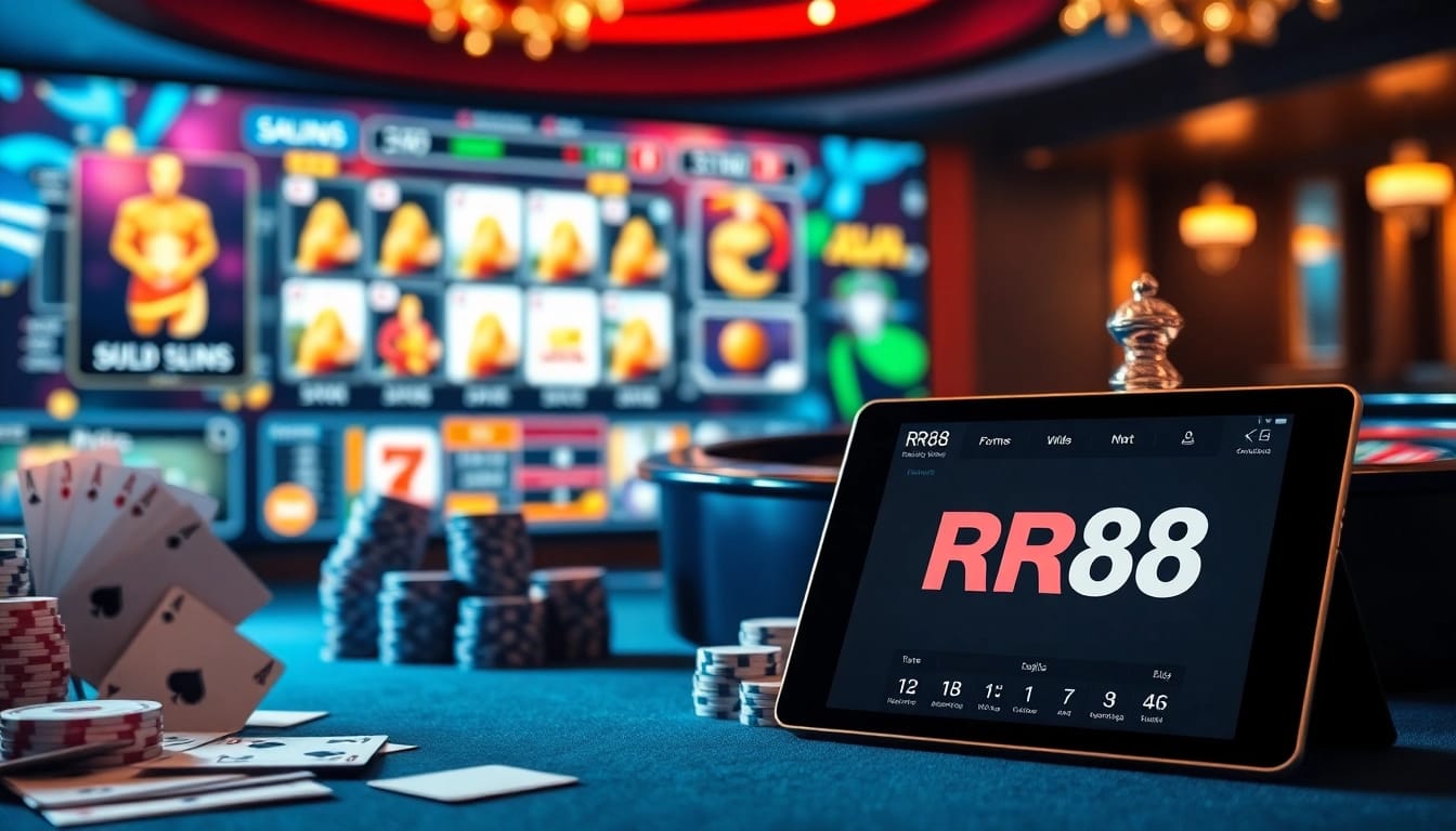 Experience the thrill of RR88 APK with an engaging tableau of online gambling elements.
