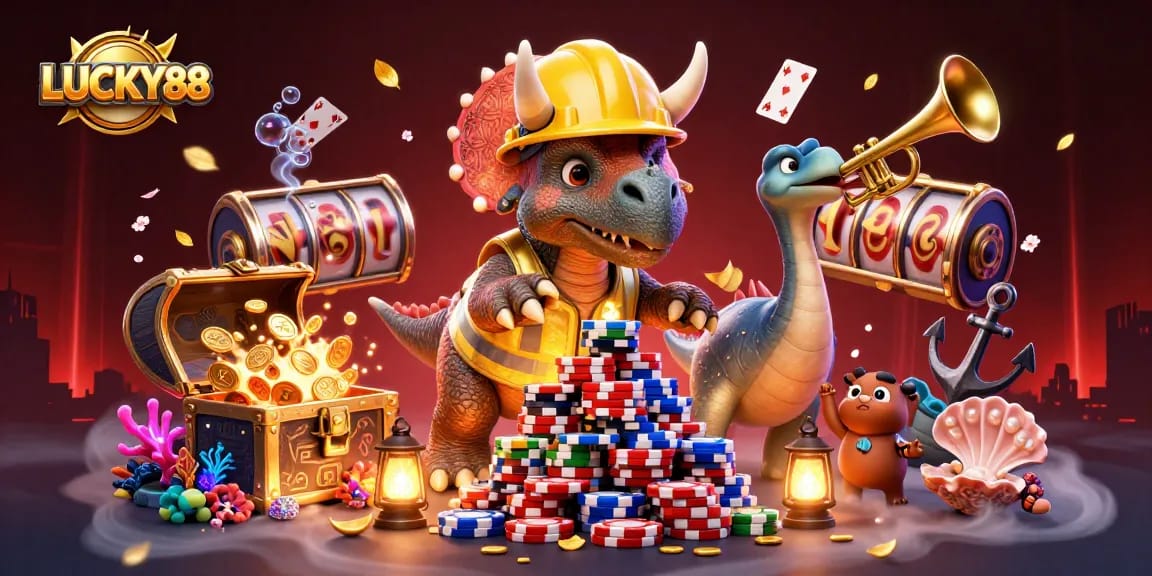 Cheerful scene with LUCKY88 characters celebrating and spinning slot reels amidst gold coins and gems.