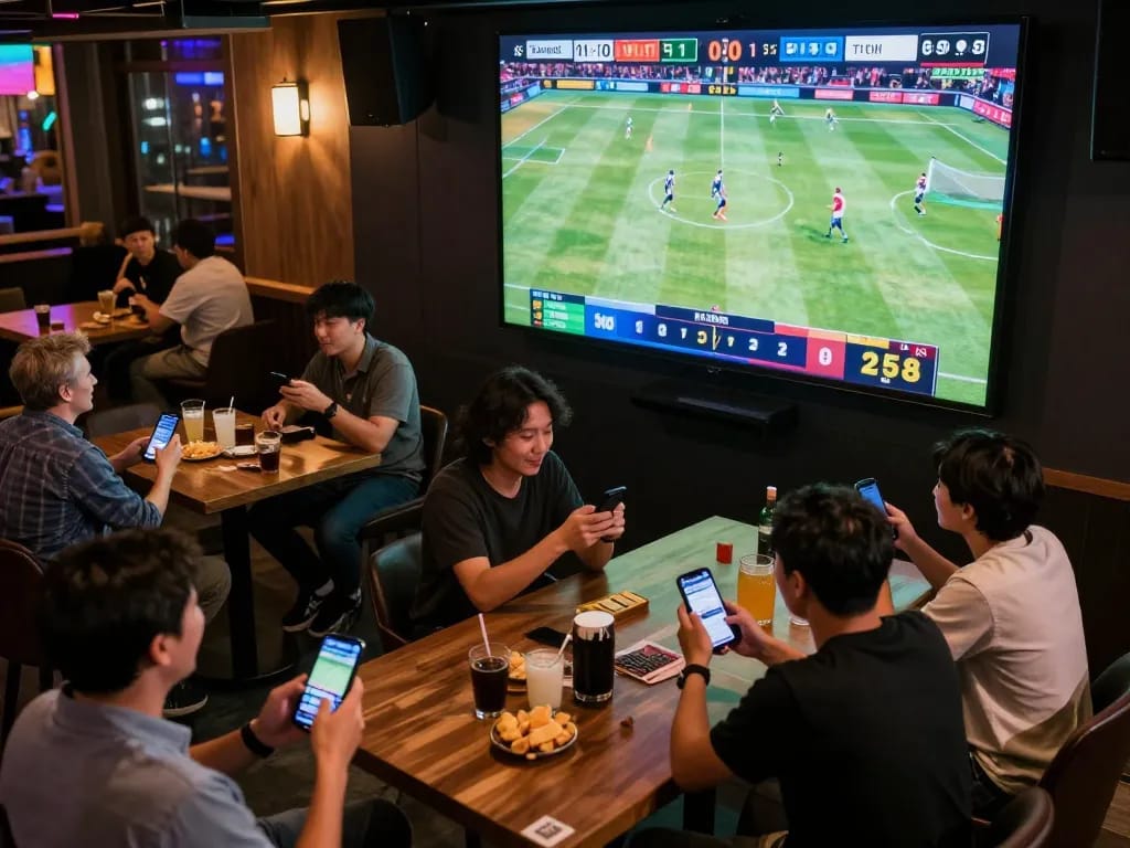 Patrons enjoying live sports betting at 9bet in a vibrant sports bar setting.