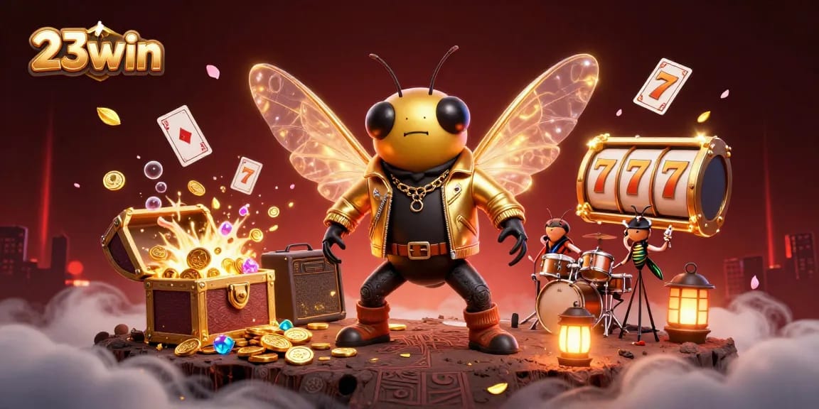 Join the excitement of 23win with vibrant casino elements and a lively rock star performance.