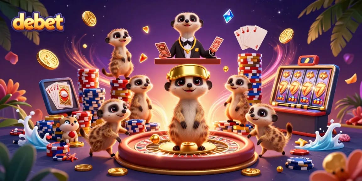 Engage with debet's vibrant casino scene featuring lively meerkats, exciting games, and dazzling prizes.