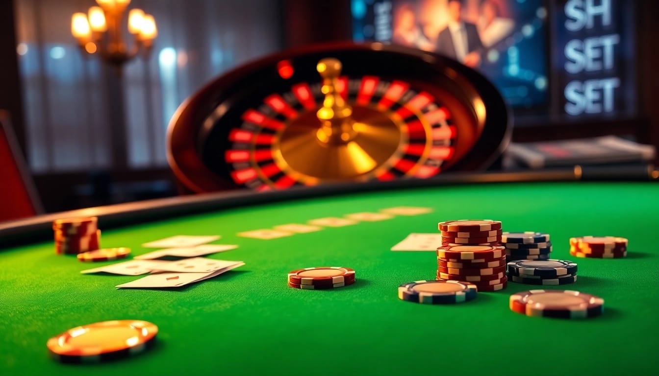 Experience the thrill of SH BET with an elegant poker table setup featuring high-end chips and cards.