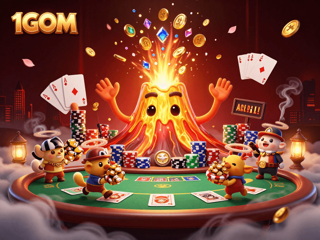 Engage in thrilling bets at 1GOM with vibrant golden treasures erupting from the volcano.
