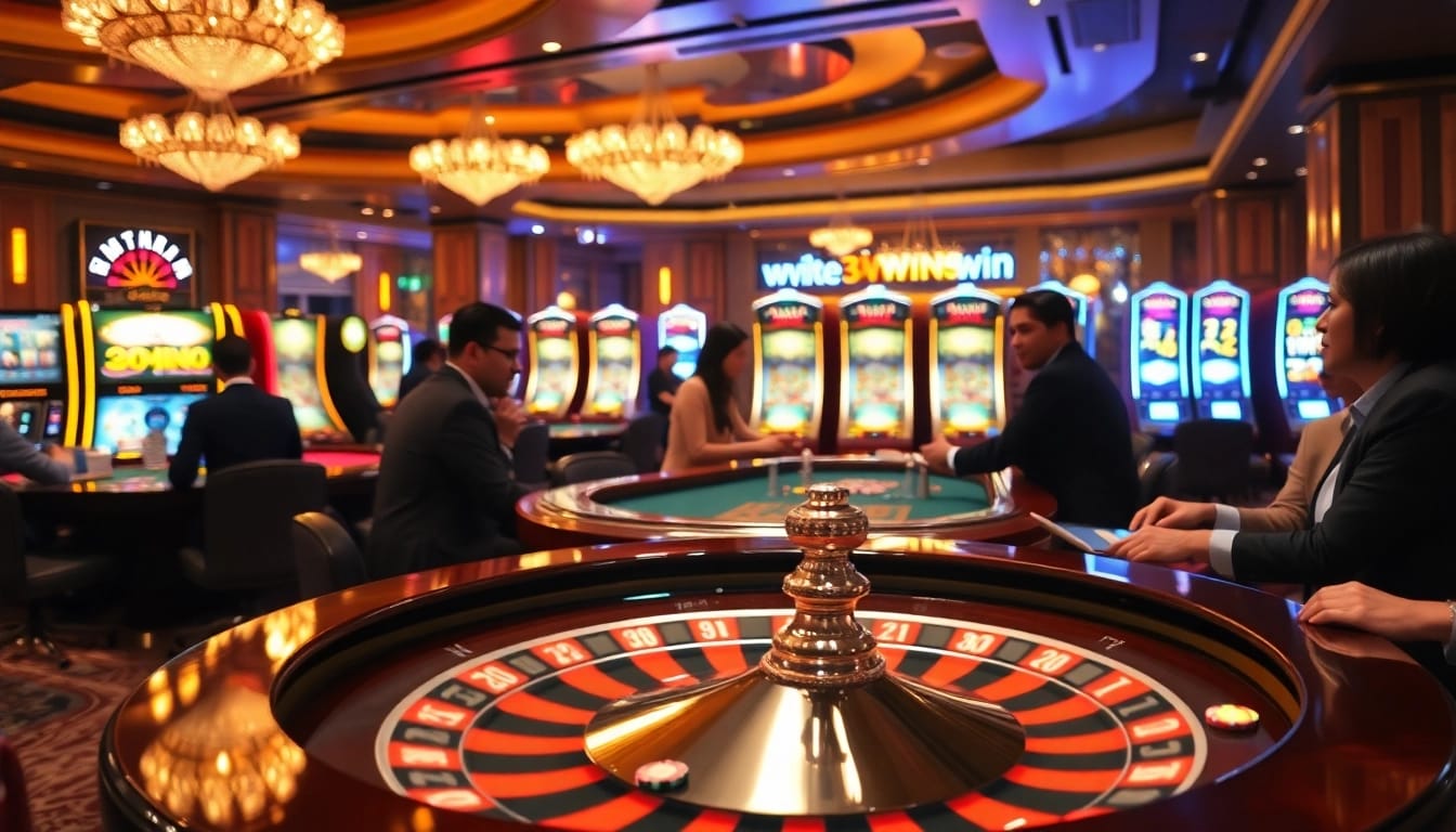 The thrill of the 3win game with players betting at a glamorous casino table.