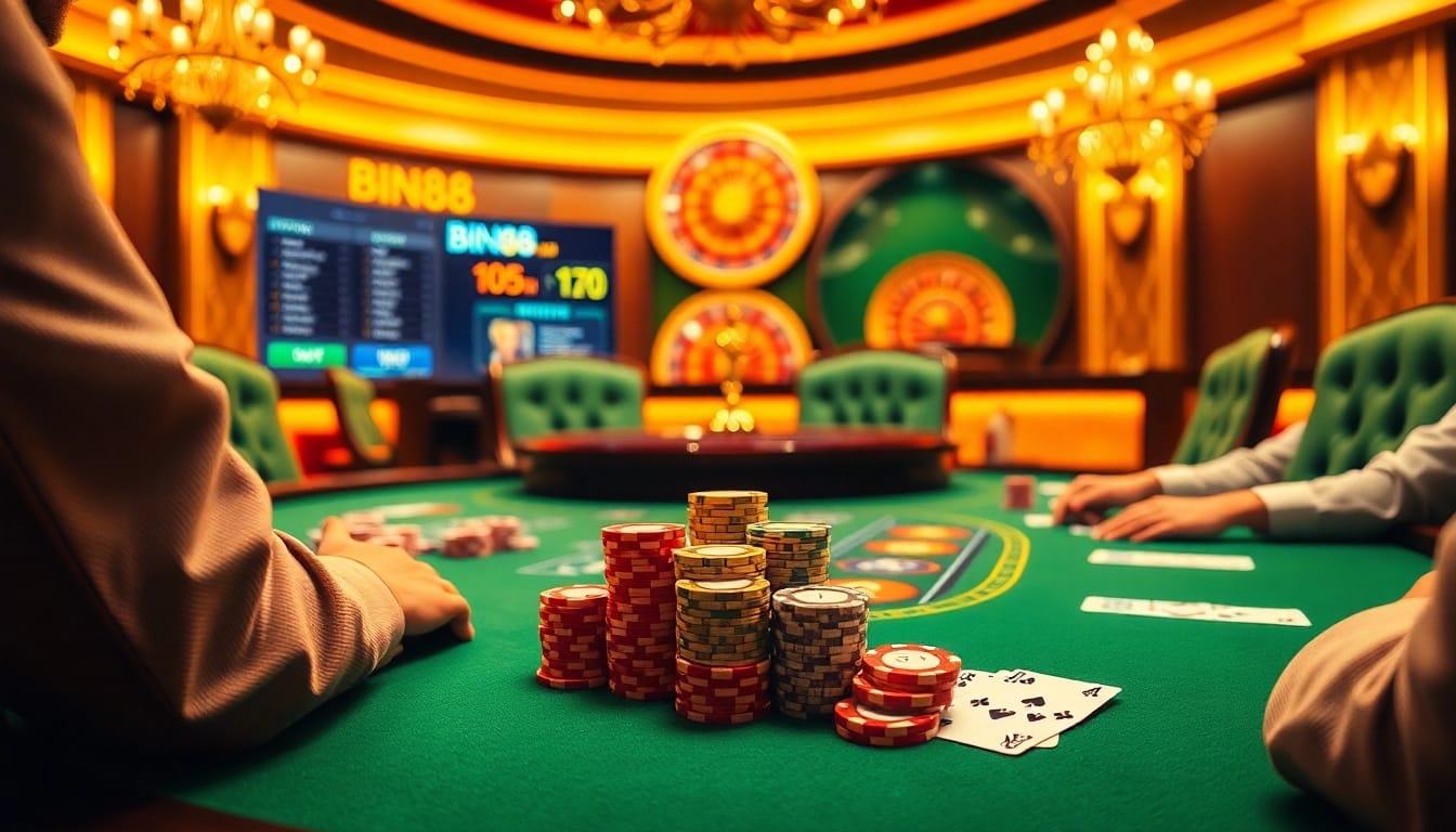 Experience high-stakes excitement at a Bin88 casino poker table with vibrant chips and elegant cards.