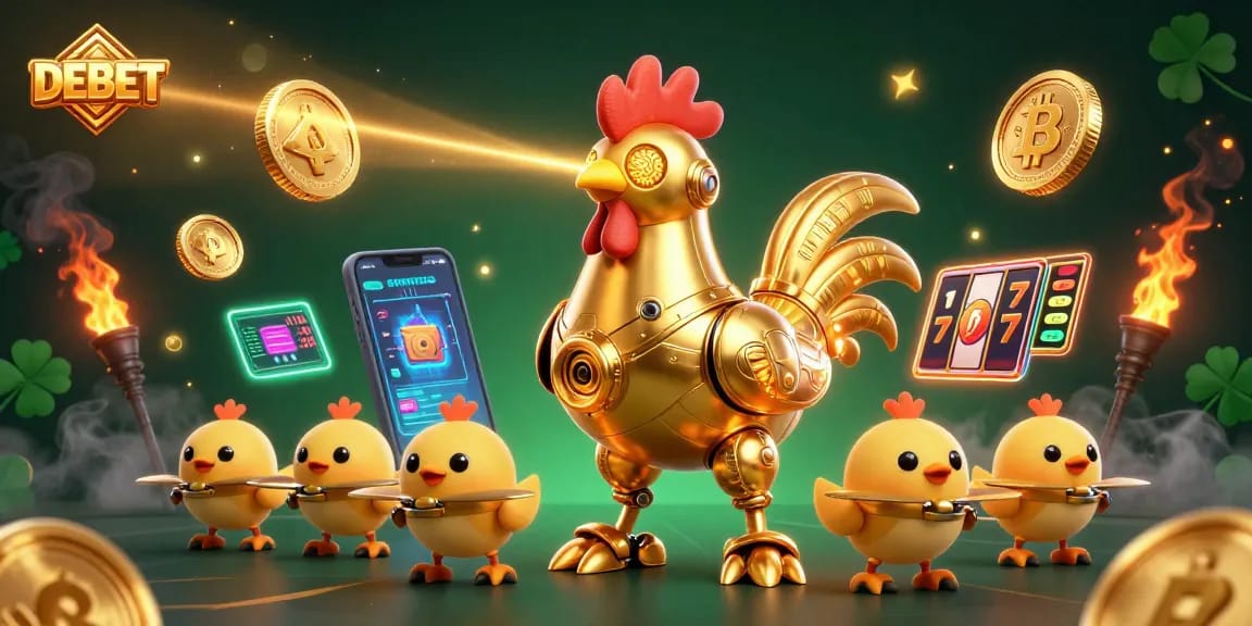 Engage with DEBET in a vibrant 3D illustration showing thrilling slots action with cartoon characters.