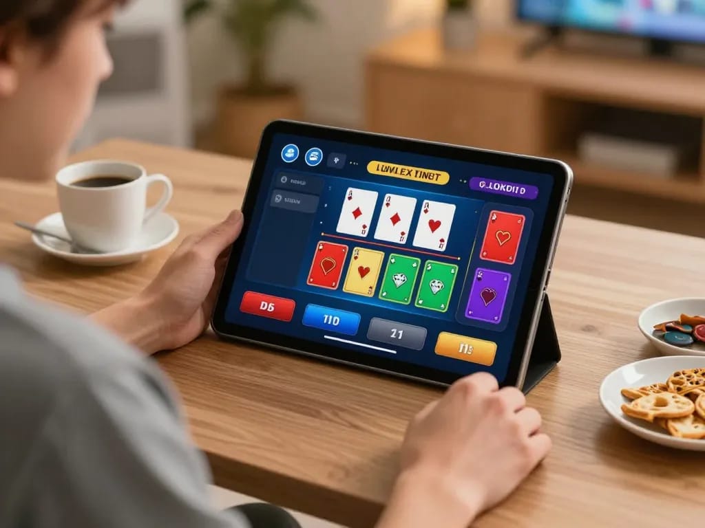 Player engaging with VA88 live dealer game on a tablet, showcasing online gaming strategy.