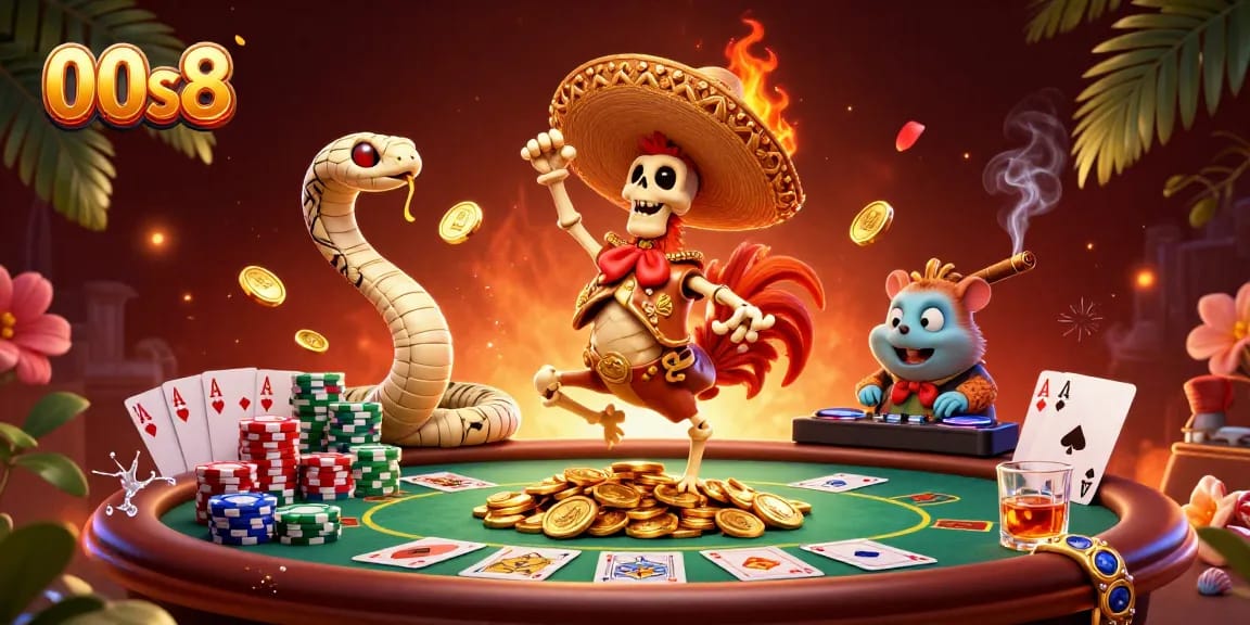 Experience the thrill of 00s8 with a vivid celebration of winning poker hands and dynamic characters.