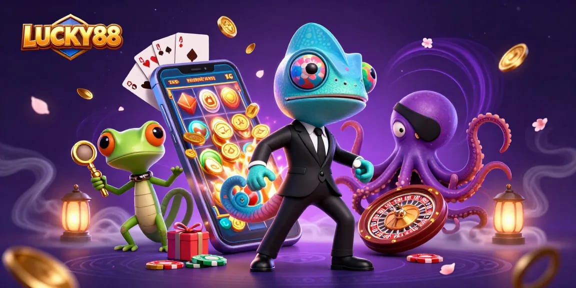 Spin the reels of LUCKY88 with this vibrant scene featuring magical casino elements.